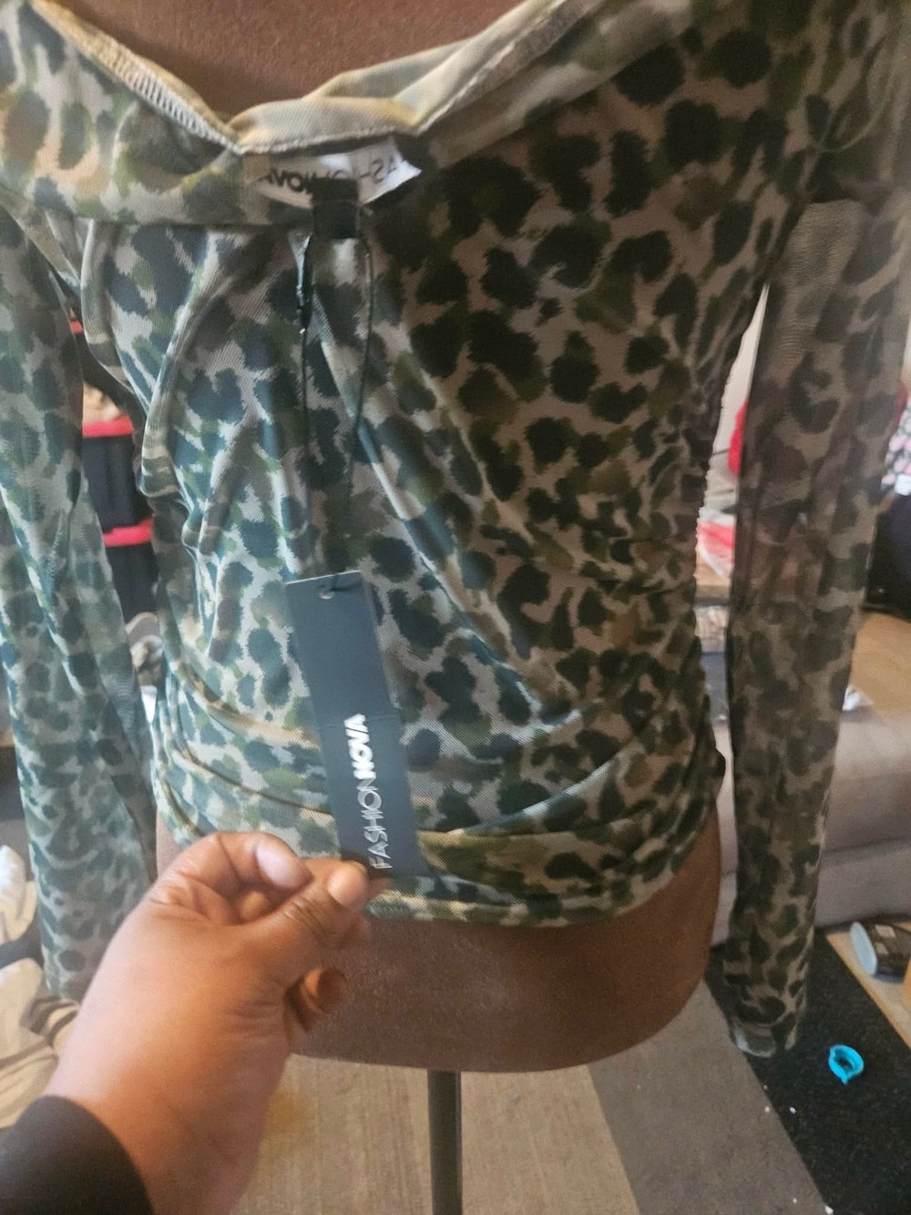 Fashion Nova Off-Shoulder Green Camo Mesh Top - Picture 4 of 8